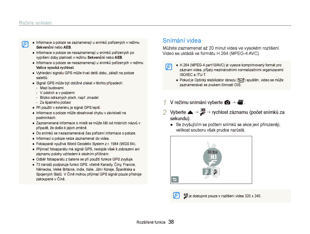 Samsung EC-ST1000BPRE3, EC-ST1000BPSE3, EC-ST1000BPBE3, EC-ST1000BPUE3, EC-ST1000BPGE3 manual Snímání videa 