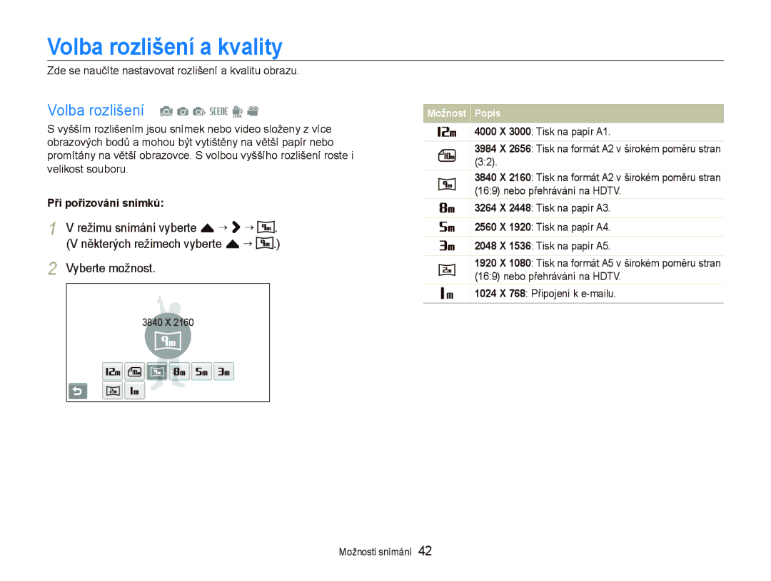 Samsung EC-ST1000BPGE3, EC-ST1000BPSE3 manual Volba rozlišení a kvality, Volba rozlišení S a p s d, Při pořizování snímků 