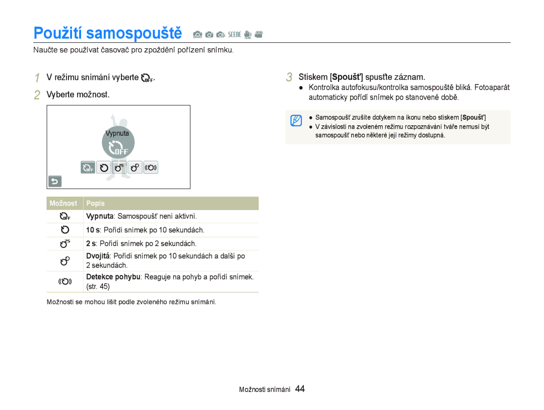 Samsung EC-ST1000BPSE3, EC-ST1000BPBE3 manual Použití samospouště S a p s d, Režimu snímání vyberte Vyberte možnost 