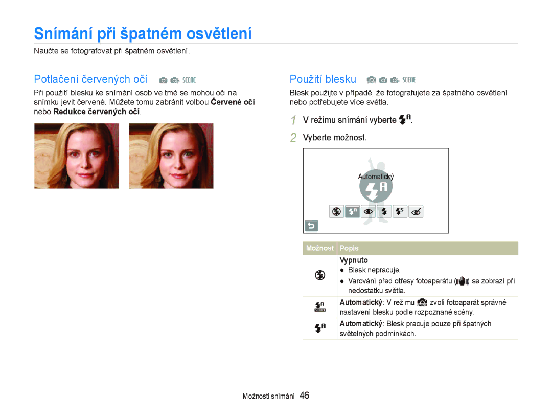 Samsung EC-ST1000BPUE3 manual Snímání při špatném osvětlení, Potlačení červených očí a p s, Použití blesku S a p s, Vypnuto 