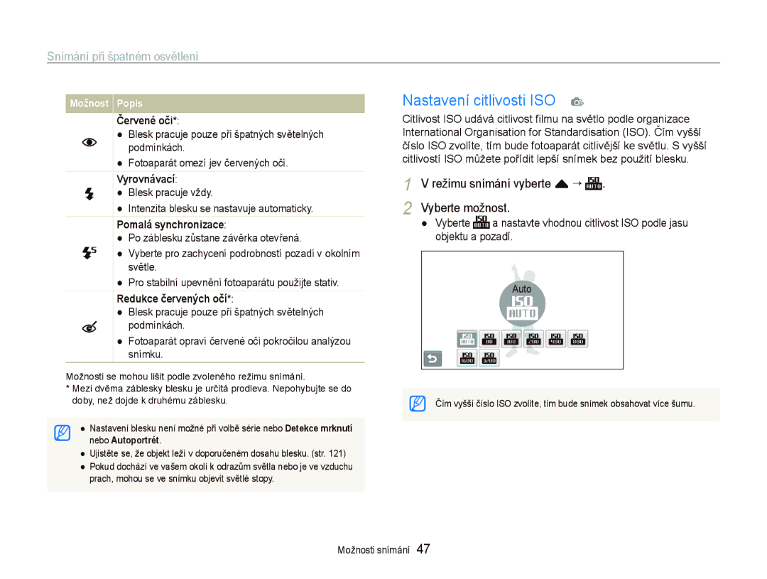 Samsung EC-ST1000BPGE3, EC-ST1000BPSE3, EC-ST1000BPBE3 manual Nastavení citlivosti ISO p, Snímání při špatném osvětlení 