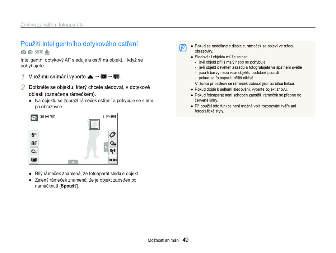 Samsung EC-ST1000BPSE3 Použití inteligentního dotykového ostření, Změna zaostření fotoaparátu, Oblasti označena rámečkem 