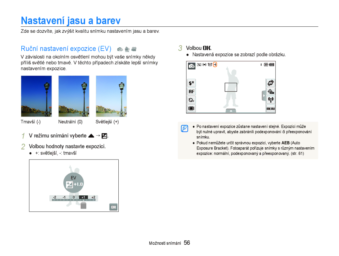 Samsung EC-ST1000BPUE3 manual Nastavení jasu a barev, Ruční nastavení expozice EV p d, Volbou hodnoty nastavte expozici 