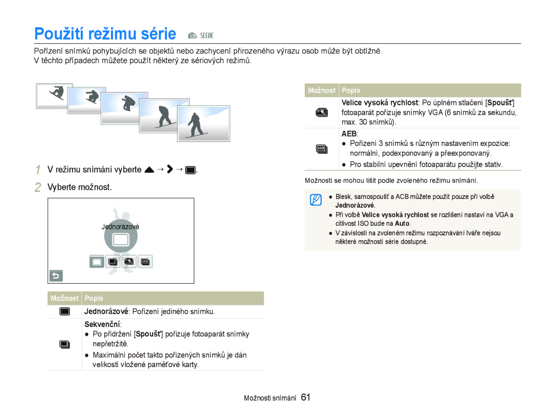 Samsung EC-ST1000BPUE3, EC-ST1000BPSE3 manual Použití režimu série p s, Jednorázové Pořízení jediného snímku, Sekvenční 