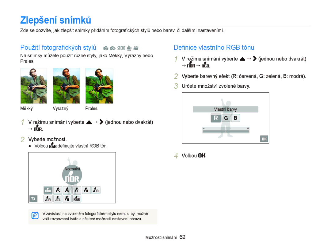 Samsung EC-ST1000BPGE3, EC-ST1000BPSE3 Zlepšení snímků, Použití fotograﬁckých stylů a p s d, Deﬁnice vlastního RGB tónu 