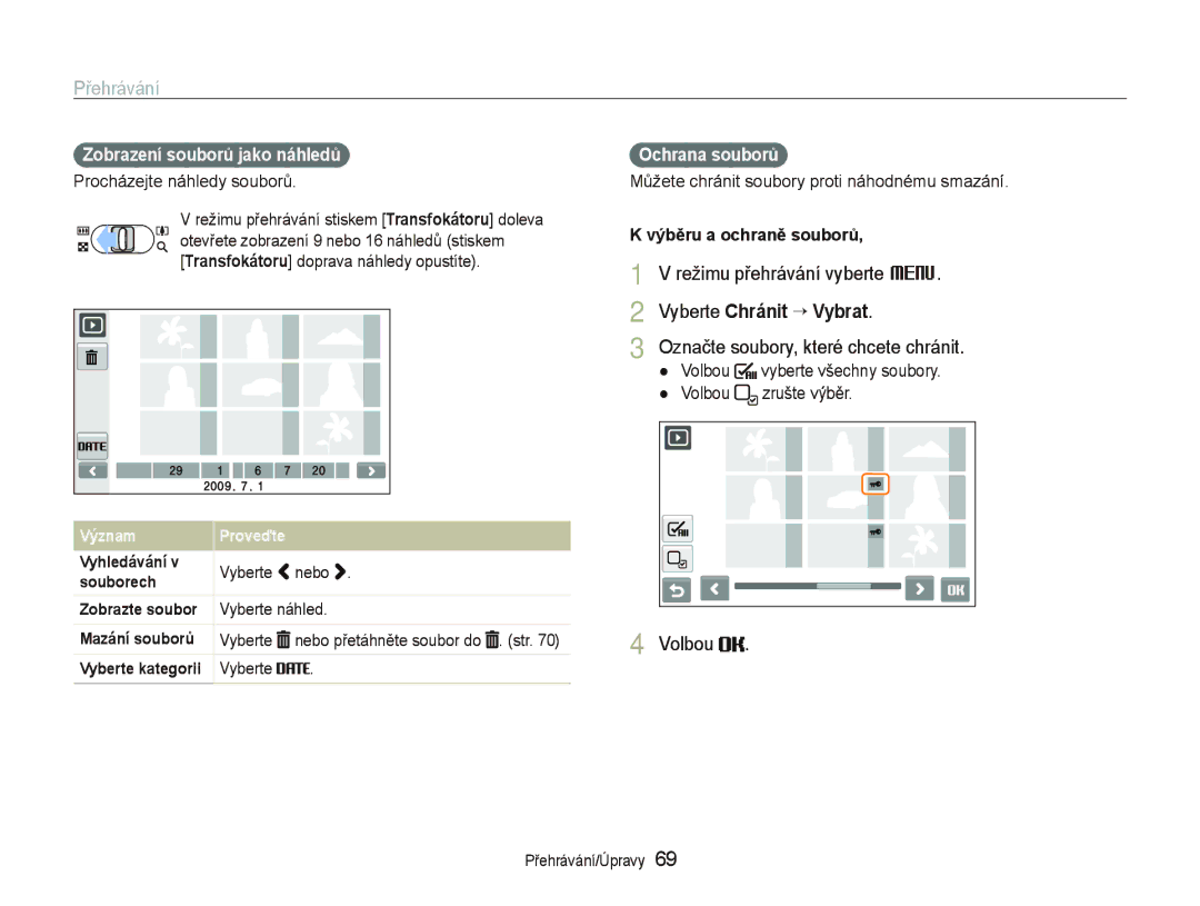 Samsung EC-ST1000BPSE3 manual Režimu přehrávání vyberte M, Vyberte Chránit ““Vybrat, Označte soubory, které chcete chránit 