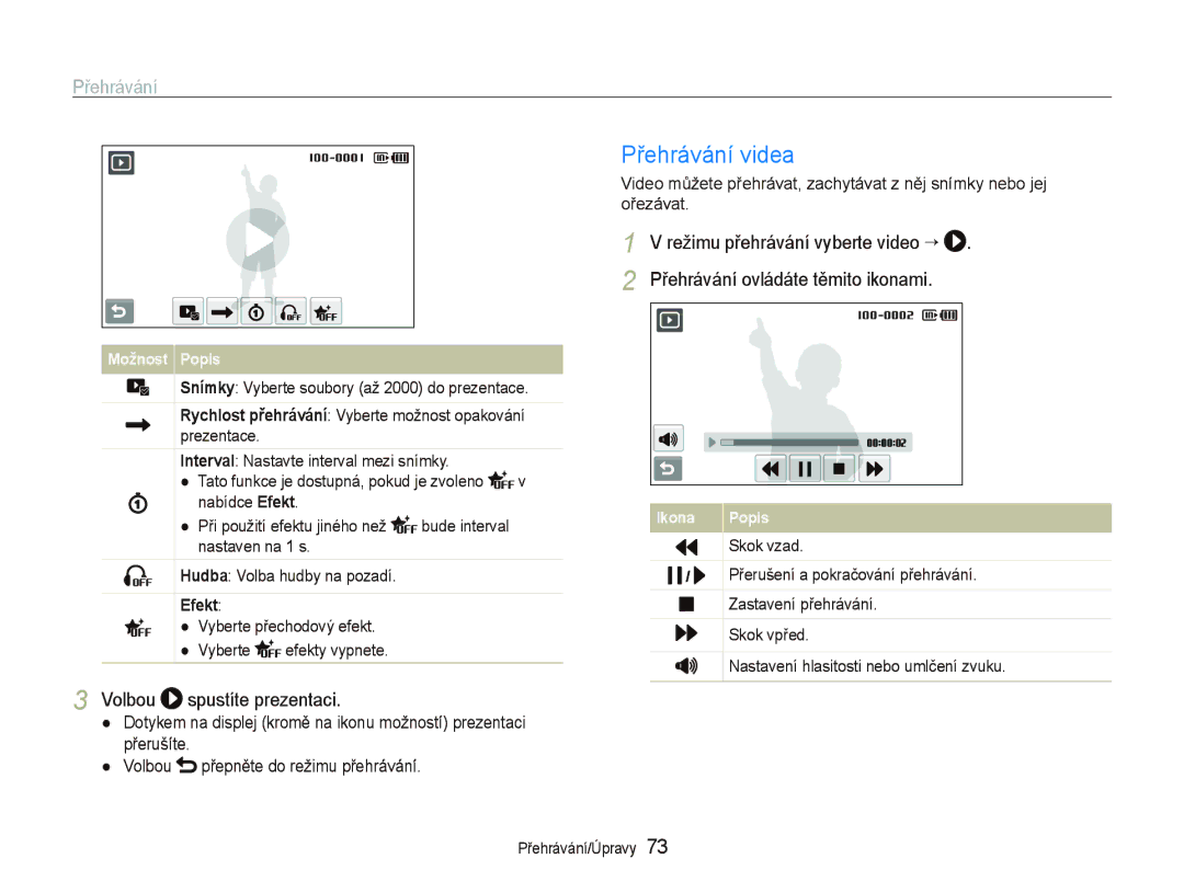 Samsung EC-ST1000BPRE3 manual Přehrávání videa, Volbou spustíte prezentaci, Skok vzad, Přerušení a pokračování přehrávání 