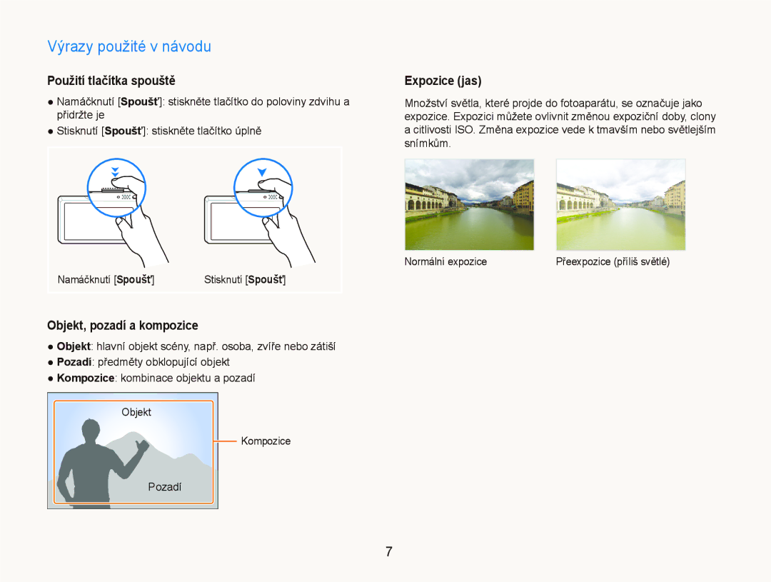 Samsung EC-ST1000BPGE3 manual Výrazy použité v návodu, Použití tlačítka spouště, Objekt, pozadí a kompozice, Expozice jas 