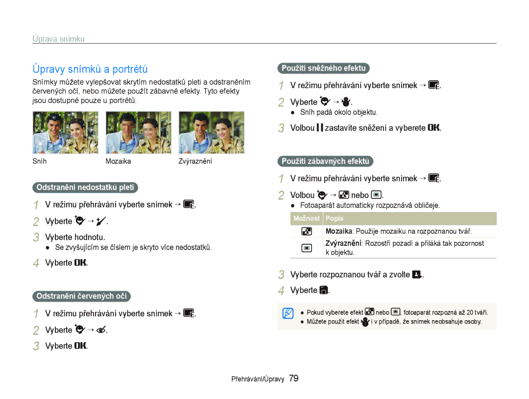 Samsung EC-ST1000BPSE3, EC-ST1000BPBE3, EC-ST1000BPUE3, EC-ST1000BPGE3, EC-ST1000BPRE3 manual Úpravy snímků a portrétů 