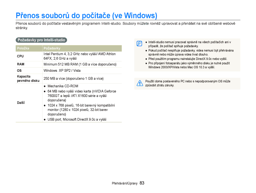 Samsung EC-ST1000BPRE3, EC-ST1000BPSE3, EC-ST1000BPBE3 Přenos souborů do počítače ve Windows, Požadavky pro Intelli-studio 