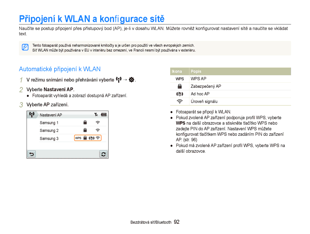 Samsung EC-ST1000BPGE3 manual Připojení k Wlan a konﬁgurace sítě, Automatické připojení k Wlan, Vyberte AP zařízení 