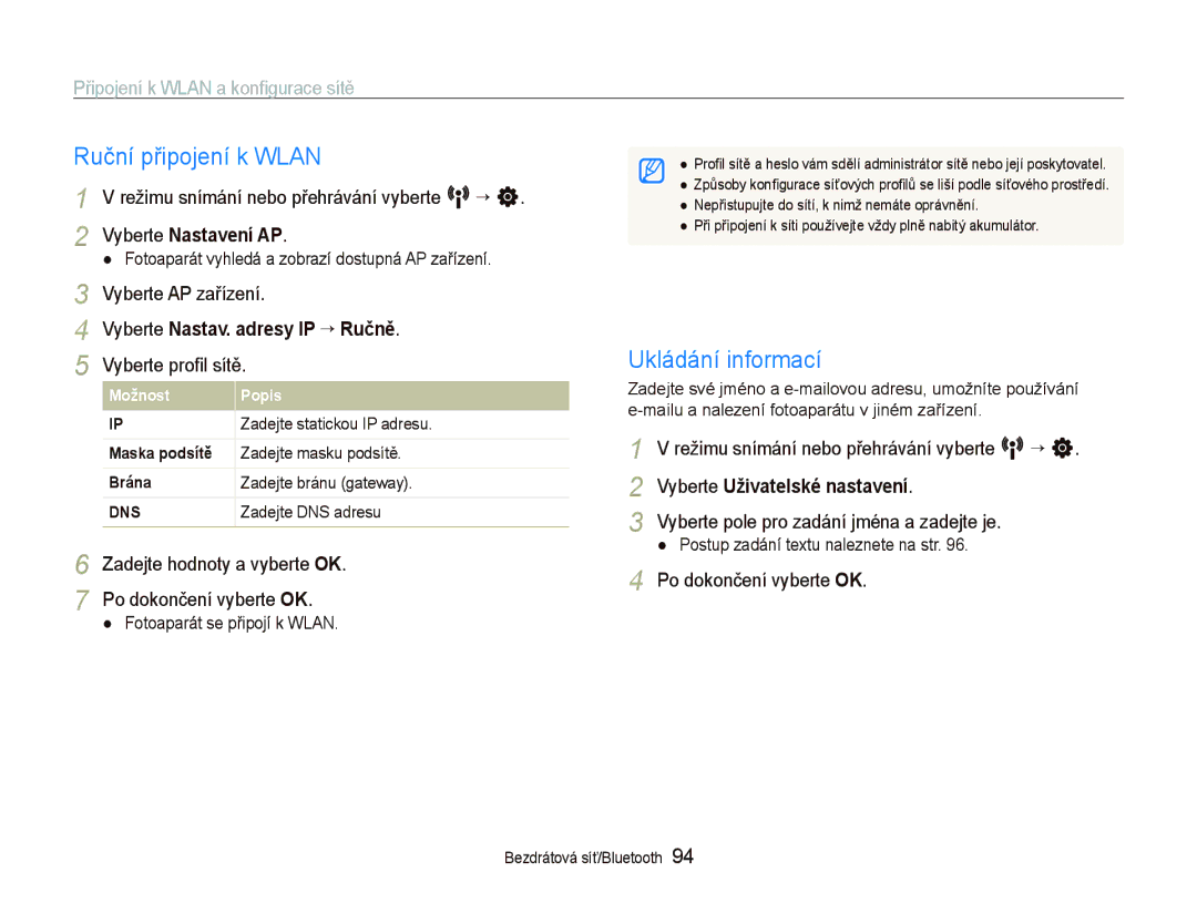 Samsung EC-ST1000BPSE3, EC-ST1000BPBE3 manual Ruční připojení k Wlan, Ukládání informací, Vyberte Nastav. adresy IP ¡ Ručně 