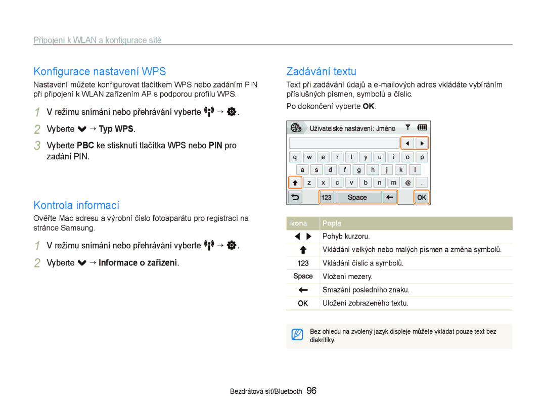 Samsung EC-ST1000BPUE3, EC-ST1000BPSE3, EC-ST1000BPBE3 manual Konﬁgurace nastavení WPS, Kontrola informací, Zadávání textu 