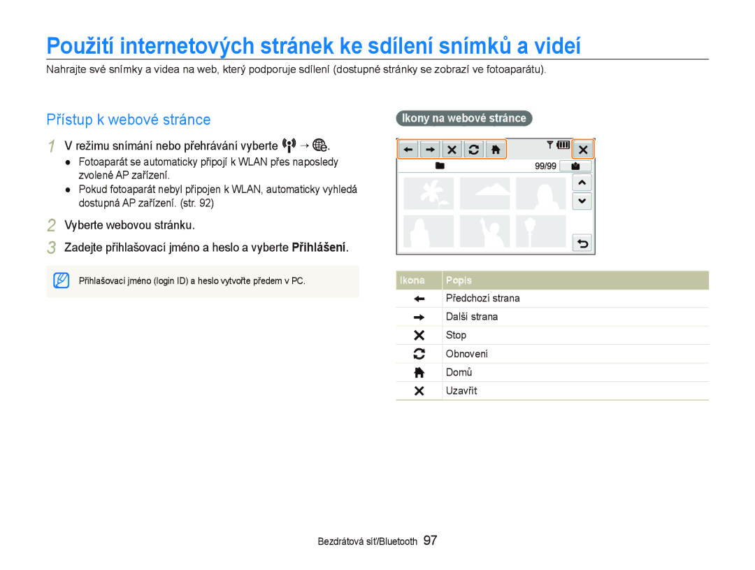 Samsung EC-ST1000BPGE3 Použití internetových stránek ke sdílení snímků a videí, Režimu snímání nebo přehrávání vyberte N ¡ 