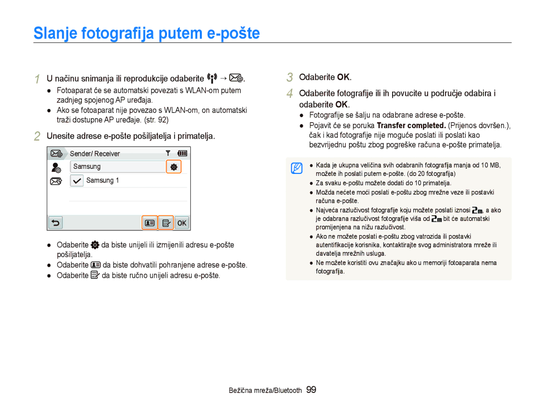 Samsung EC-ST1000BPSE3, EC-ST1000BPBE3 Slanje fotograﬁja putem e-pošte, Unesite adrese e-pošte pošiljatelja i primatelja 