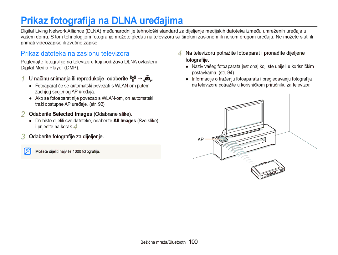 Samsung EC-ST1000BPBE3, EC-ST1000BPSE3 manual Prikaz fotograﬁja na Dlna uređajima, Prikaz datoteka na zaslonu televizora 