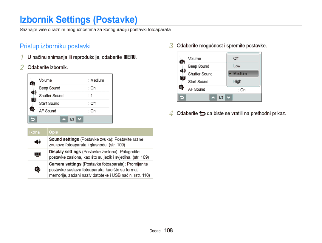 Samsung EC-ST1000BPRE3 Izbornik Settings Postavke, Pristup izborniku postavki, Odaberite mogućnost i spremite postavke 