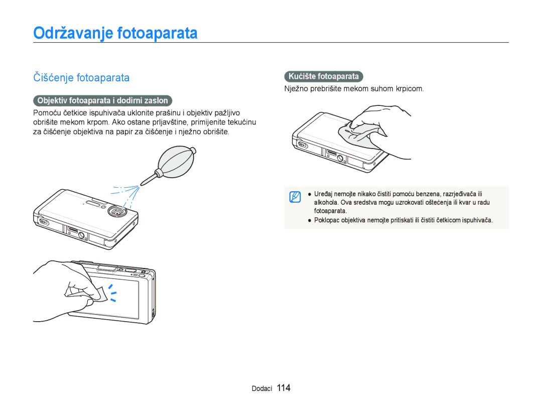 Samsung EC-ST1000BPSE3, EC-ST1000BPBE3 Održavanje fotoaparata, Čišćenje fotoaparata, Objektiv fotoaparata i dodirni zaslon 