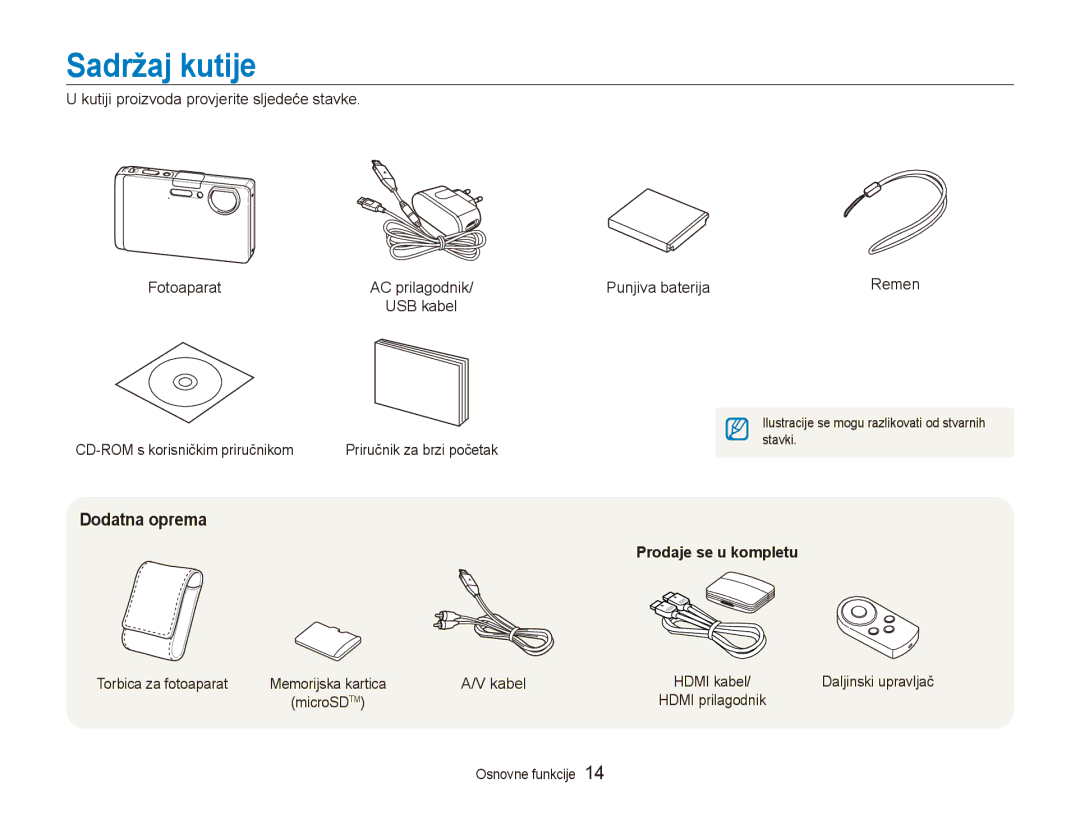 Samsung EC-ST1000BPSE3 manual Sadržaj kutije, Kutiji proizvoda provjerite sljedeće stavke Fotoaparat, Torbica za fotoaparat 