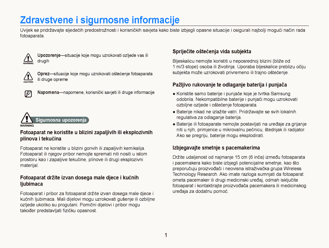 Samsung EC-ST1000BPUE3, EC-ST1000BPSE3, EC-ST1000BPBE3 manual Zdravstvene i sigurnosne informacije, Sigurnosna upozorenja 