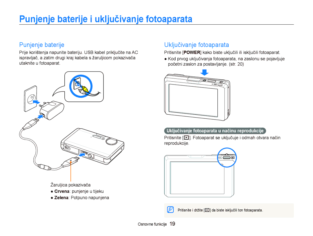 Samsung EC-ST1000BPSE3, EC-ST1000BPBE3 manual Punjenje baterije i uključivanje fotoaparata, Uključivanje fotoaparata 