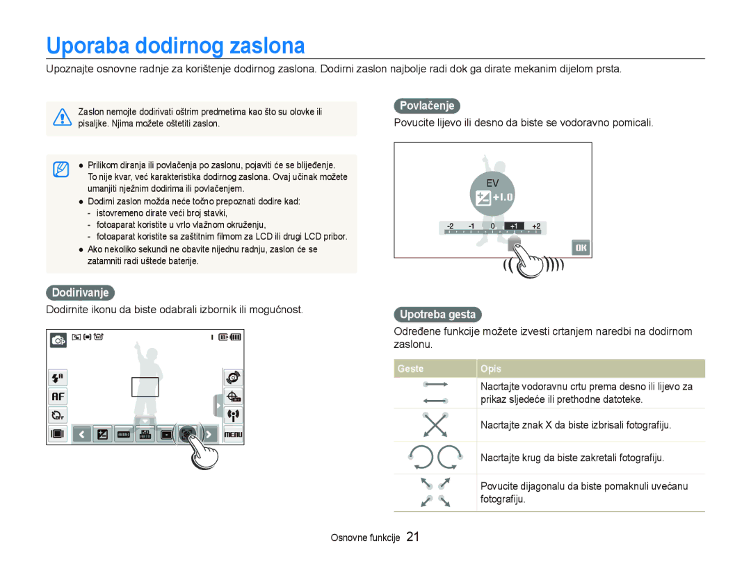 Samsung EC-ST1000BPUE3, EC-ST1000BPSE3, EC-ST1000BPBE3 Uporaba dodirnog zaslona, Povlačenje, Dodirivanje, Upotreba gesta 