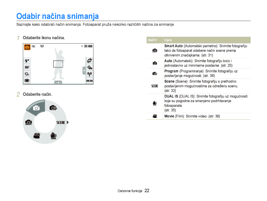 Samsung EC-ST1000BPGE3 manual Odabir načina snimanja, Odaberite ikonu načina Odaberite način, Postavljanje mogućnosti. str 