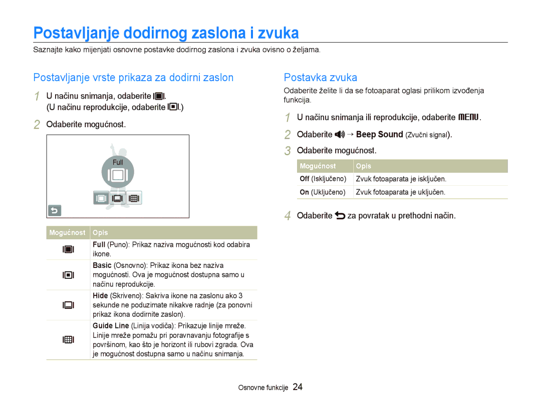 Samsung EC-ST1000BPSE3 Postavljanje dodirnog zaslona i zvuka, Postavljanje vrste prikaza za dodirni zaslon, Postavka zvuka 