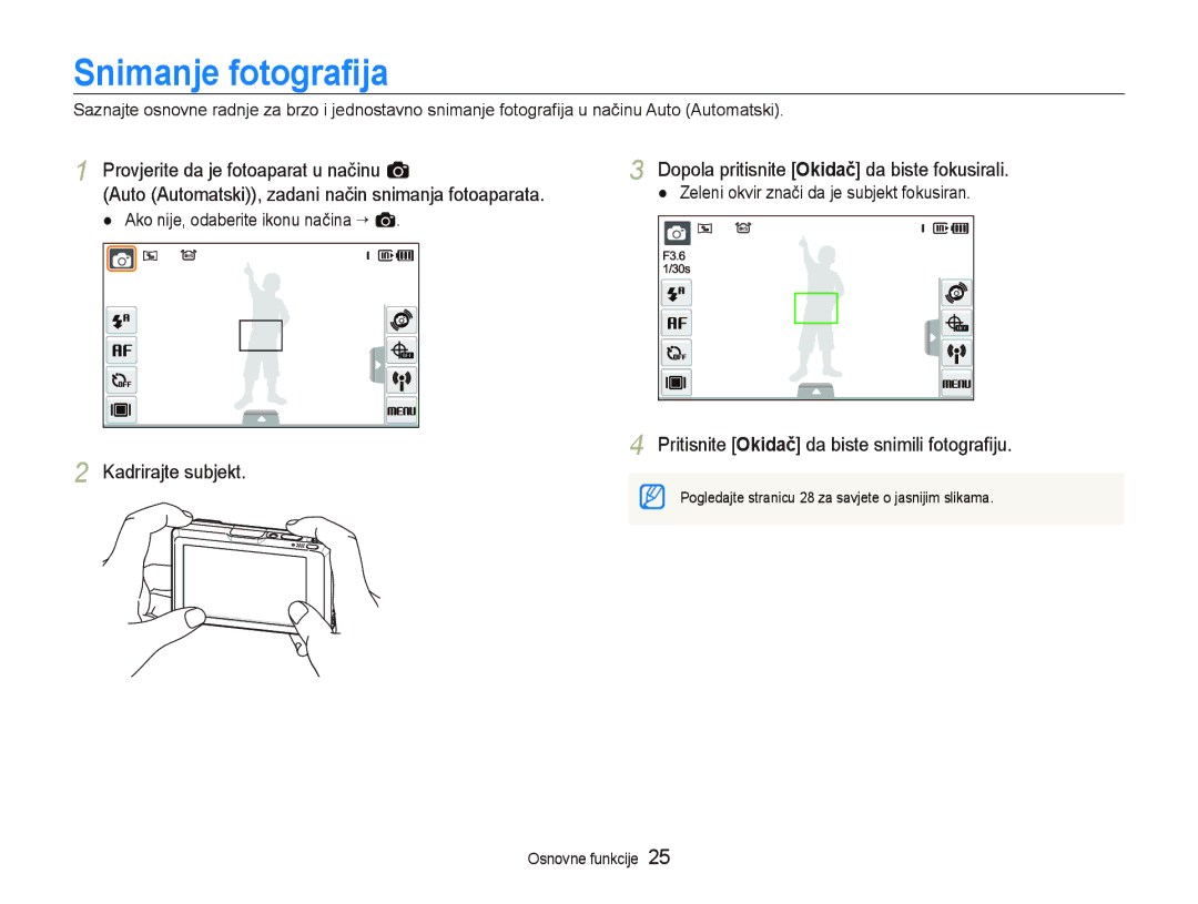 Samsung EC-ST1000BPBE3 Snimanje fotograﬁja, Provjerite da je fotoaparat u načinu a, Ako nije, odaberite ikonu načina ““a 