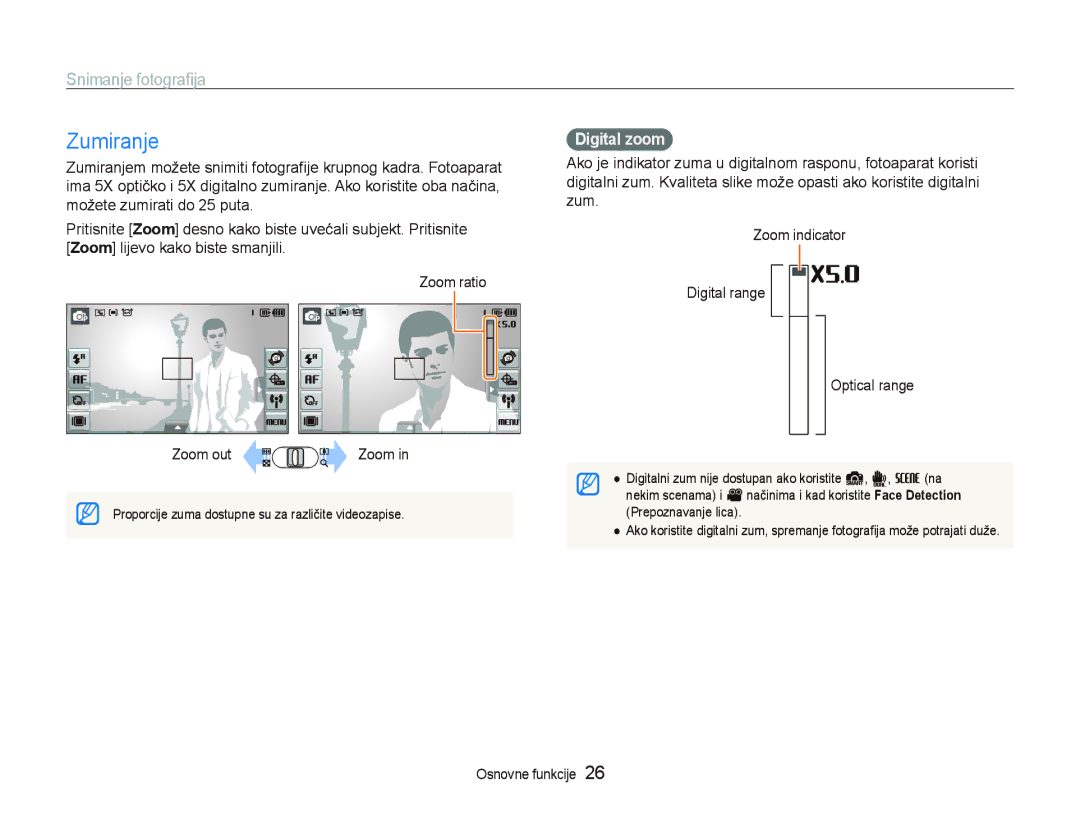 Samsung EC-ST1000BPUE3, EC-ST1000BPSE3, EC-ST1000BPBE3, EC-ST1000BPGE3 manual Zumiranje, Snimanje fotograﬁja, Digital zoom 