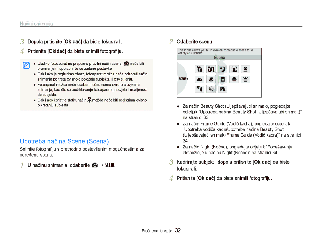 Samsung EC-ST1000BPGE3, EC-ST1000BPSE3 manual Upotreba načina Scene Scena, Načini snimanja, Odaberite scenu, Na stranici 