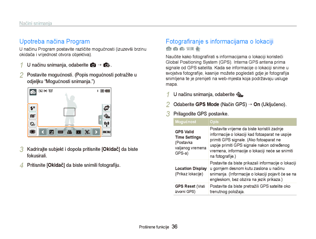 Samsung EC-ST1000BPUE3 manual Upotreba načina Program, Fotograﬁranje s informacijama o lokaciji, Prilagodite GPS postavke 