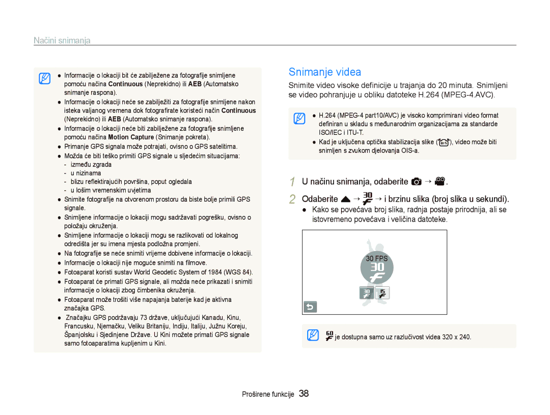 Samsung EC-ST1000BPRE3 Snimanje videa, Načinu snimanja, odaberite a “, Odaberite f “ ““i brzinu slika broj slika u sekundi 