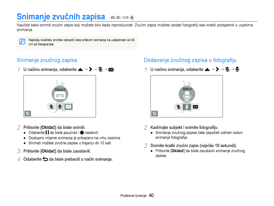 Samsung EC-ST1000BPBE3 manual Snimanje zvučnih zapisa a p s d, Snimanje zvučnog zapisa, Načinu snimanja, odaberite f “ “ “ 