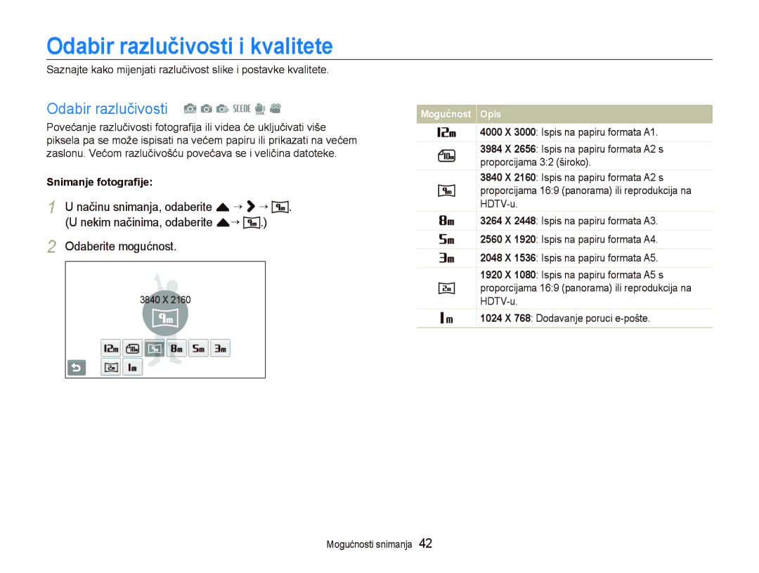 Samsung EC-ST1000BPGE3, EC-ST1000BPSE3, EC-ST1000BPBE3 manual Odabir razlučivosti i kvalitete, Odabir razlučivosti S a p s d 