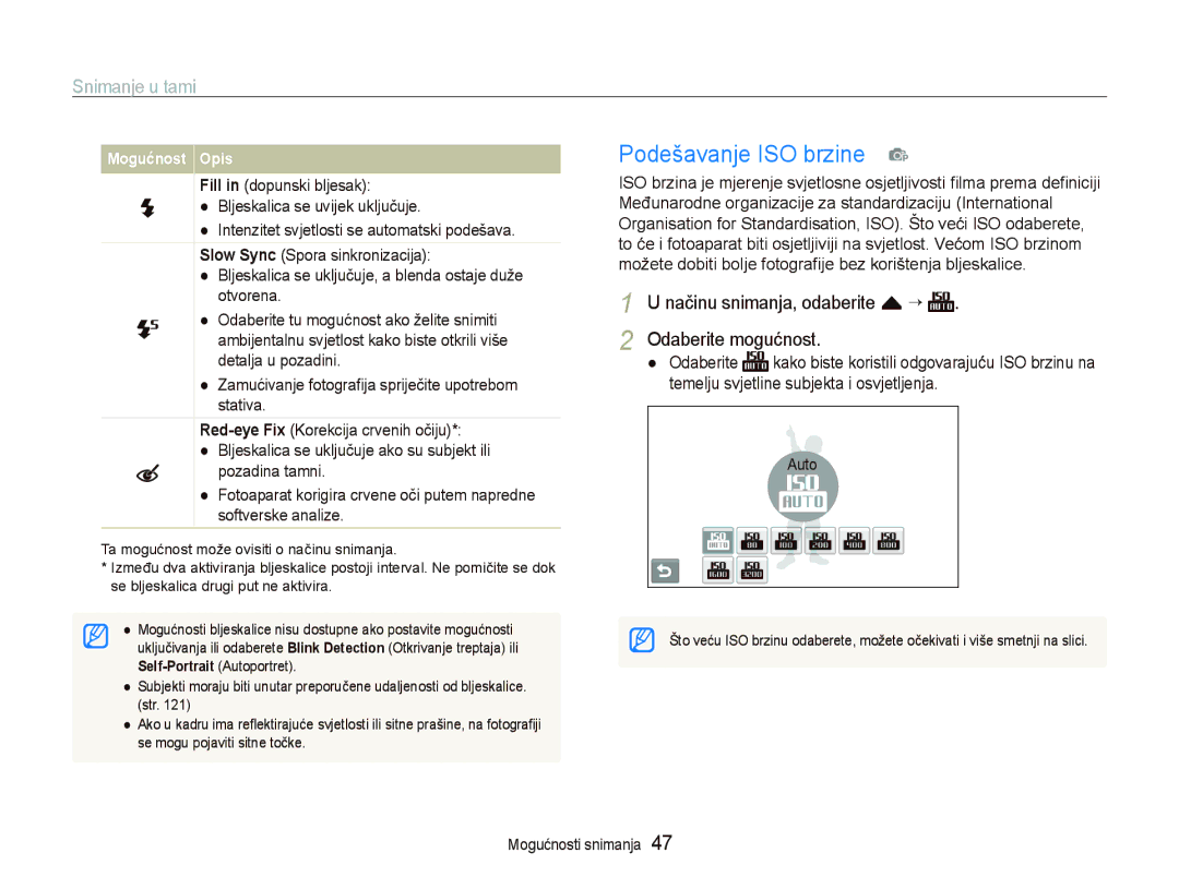 Samsung EC-ST1000BPGE3 manual Podešavanje ISO brzine p, Snimanje u tami, Načinu snimanja, odaberite f “ Odaberite mogućnost 