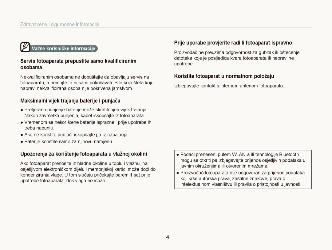 Samsung EC-ST1000BPSE3, EC-ST1000BPBE3 Važne korisničke informacije, Izbjegavajte kontakt s internom antenom fotoaparata 