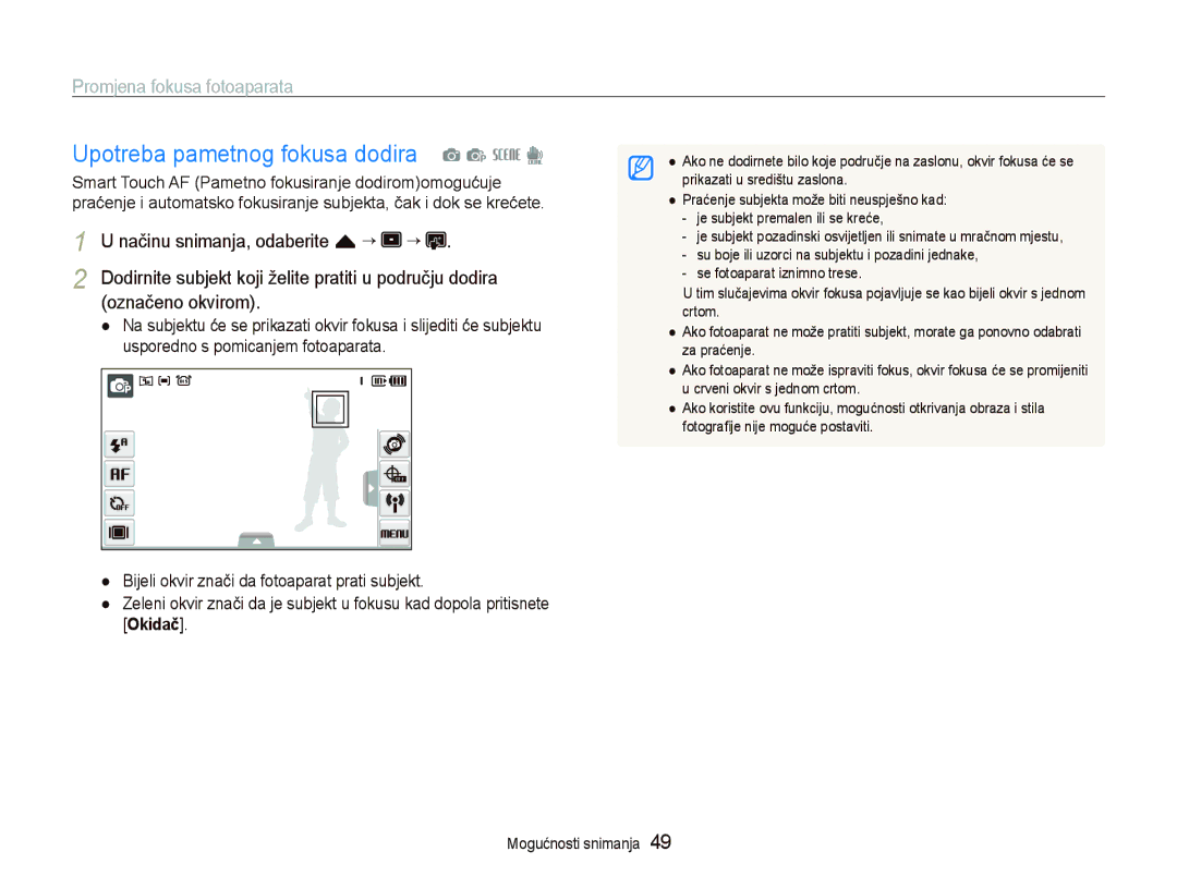 Samsung EC-ST1000BPSE3 manual Upotreba pametnog fokusa dodira a p s d, Promjena fokusa fotoaparata, Označeno okvirom 