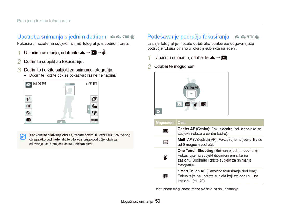 Samsung EC-ST1000BPBE3 manual Upotreba snimanja s jednim dodirom a p s d, Podešavanje područja fokusiranja a p s d 