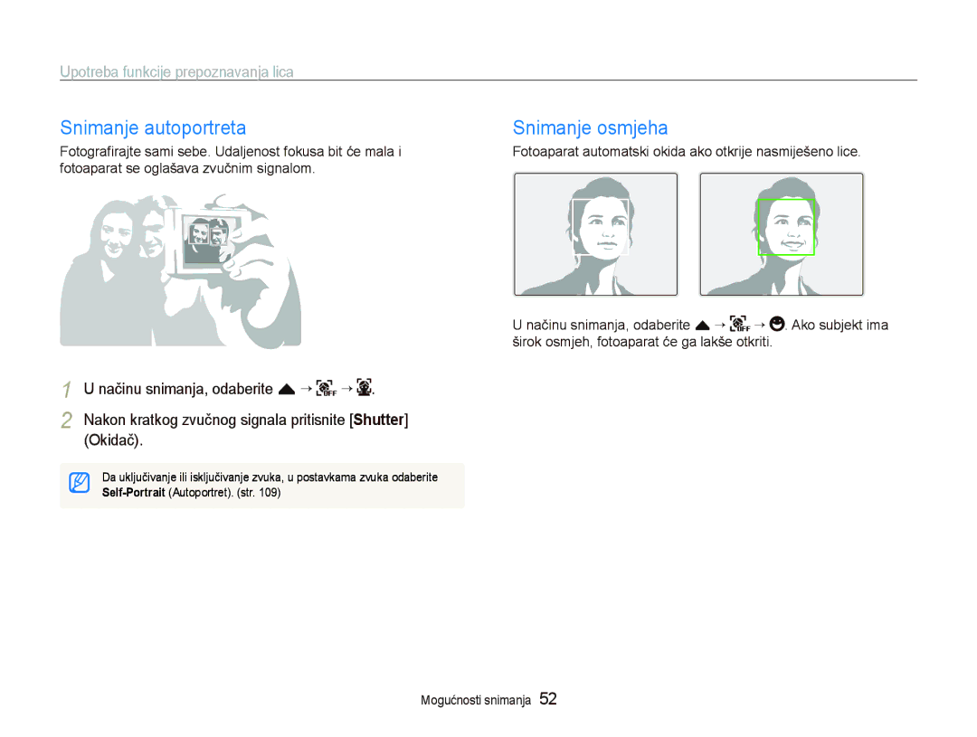 Samsung EC-ST1000BPGE3 manual Snimanje autoportreta, Snimanje osmjeha, Upotreba funkcije prepoznavanja lica, Okidač 