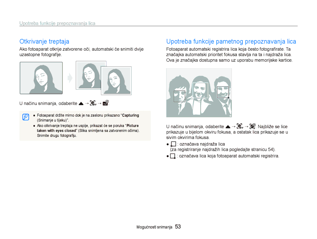 Samsung EC-ST1000BPRE3, EC-ST1000BPSE3, EC-ST1000BPBE3 Otkrivanje treptaja, Upotreba funkcije pametnog prepoznavanja lica 