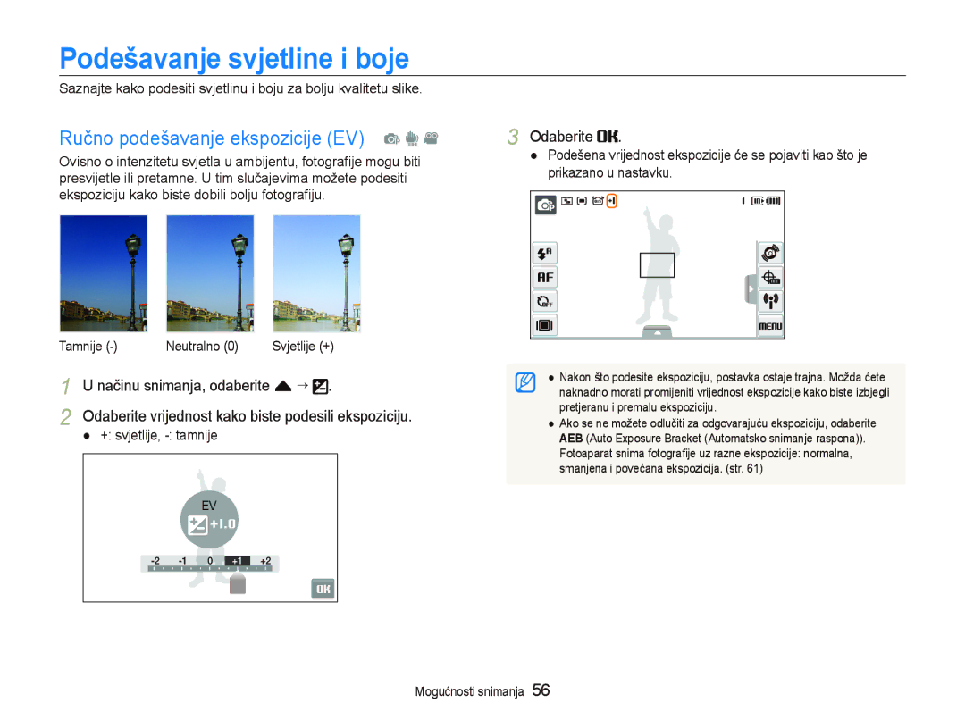 Samsung EC-ST1000BPUE3 Podešavanje svjetline i boje, Ručno podešavanje ekspozicije EV p d, Načinu snimanja, odaberite f “ 