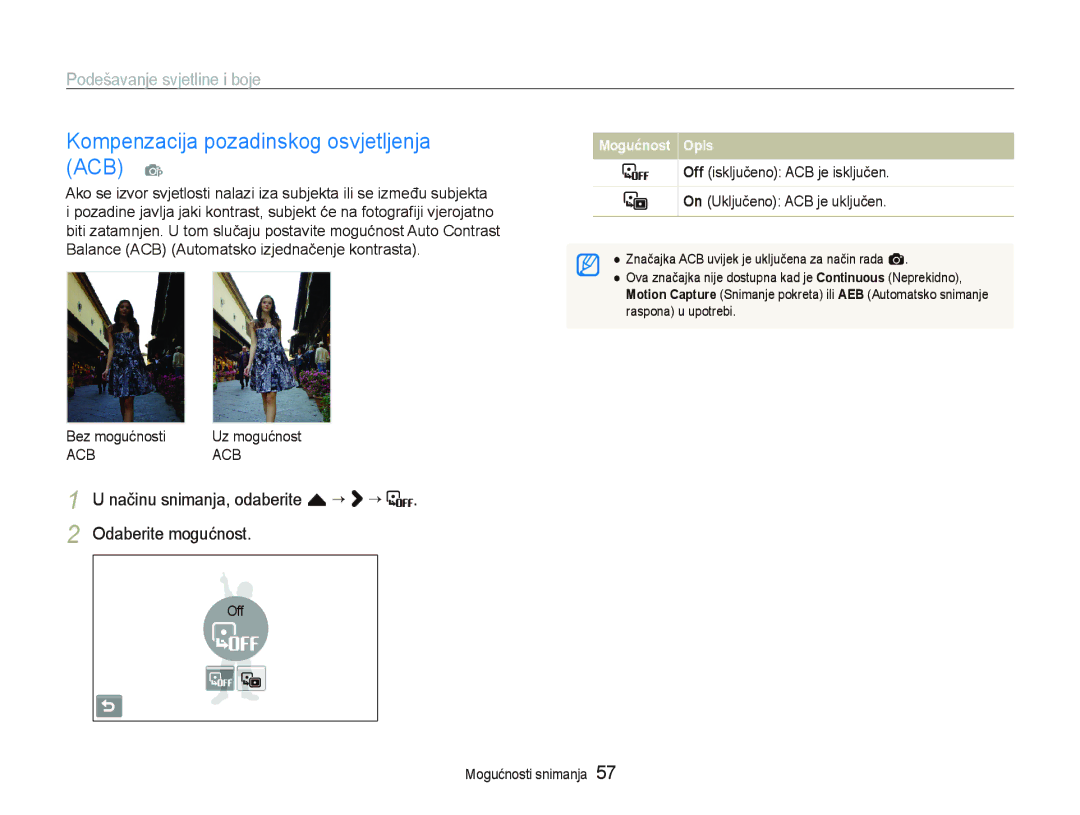 Samsung EC-ST1000BPGE3 manual Kompenzacija pozadinskog osvjetljenja ACB p, Podešavanje svjetline i boje, Bez mogućnosti 