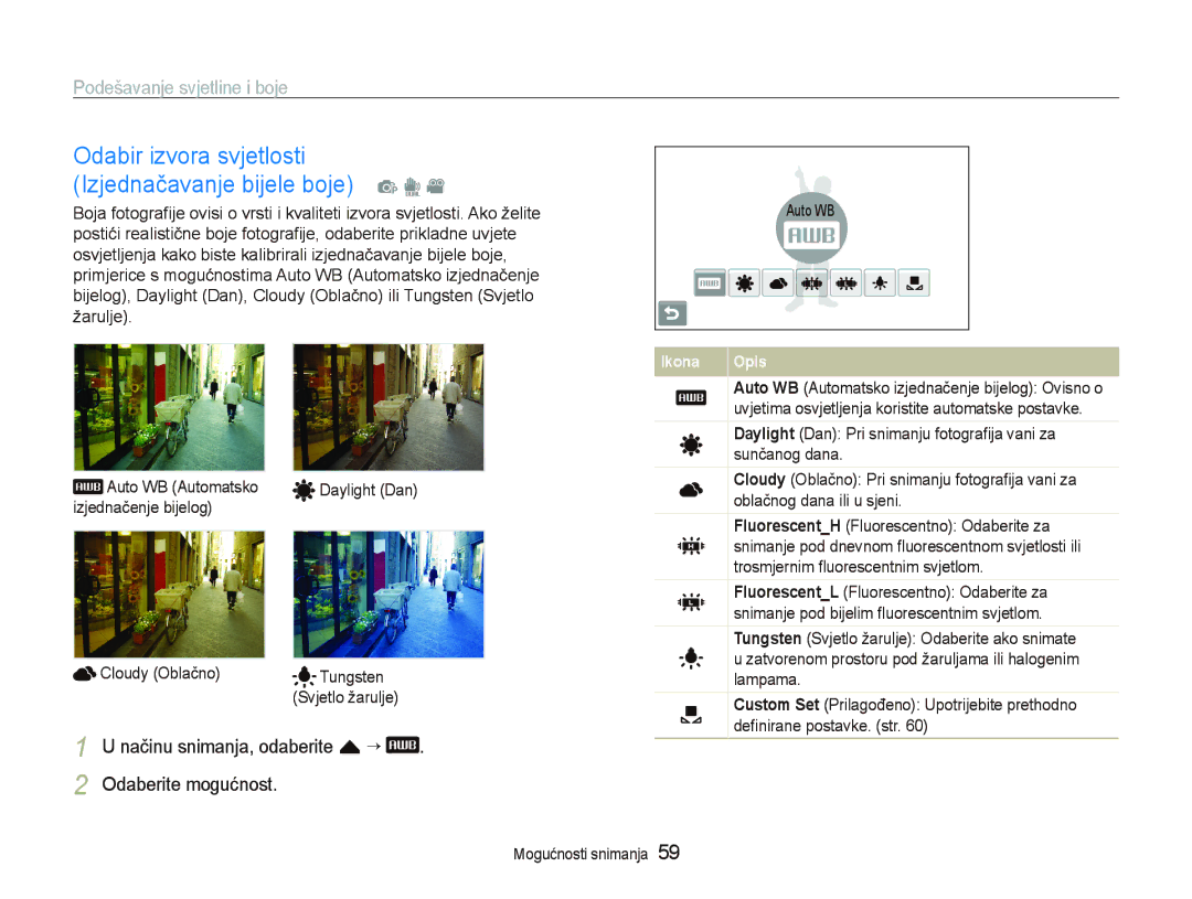 Samsung EC-ST1000BPSE3, EC-ST1000BPBE3, EC-ST1000BPUE3 manual Odabir izvora svjetlosti Izjednačavanje bijele boje p d 