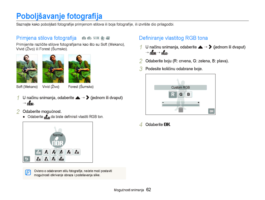 Samsung EC-ST1000BPGE3 manual Poboljšavanje fotograﬁja, Primjena stilova fotograﬁja a p s d, Deﬁniranje vlastitog RGB tona 