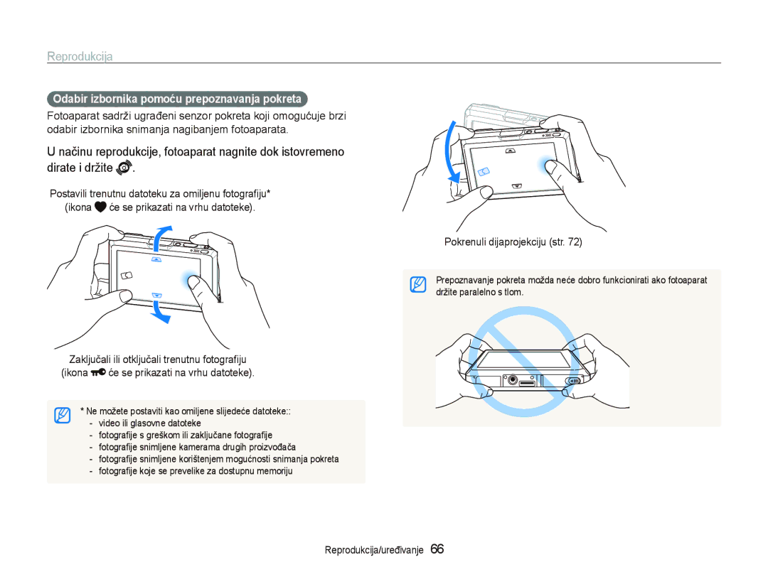 Samsung EC-ST1000BPUE3 manual Reprodukcija, Odabir izbornika pomoću prepoznavanja pokreta, Pokrenuli dijaprojekciju str 