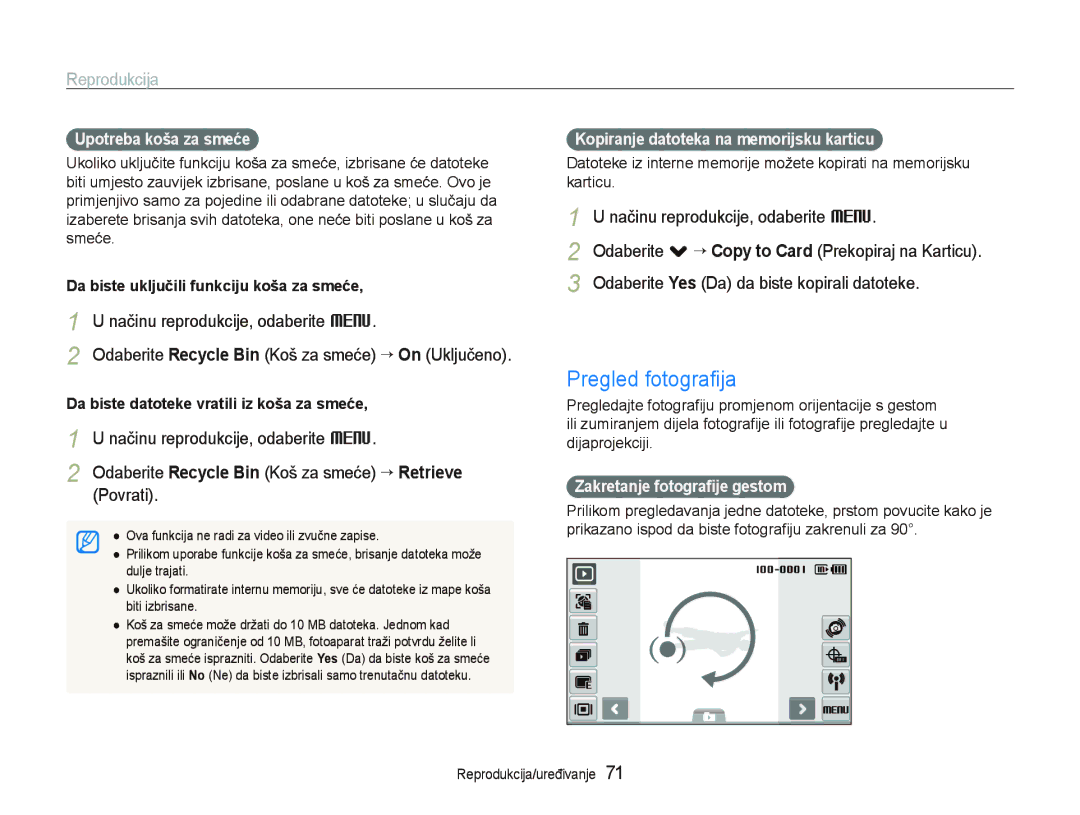 Samsung EC-ST1000BPUE3 manual Pregled fotograﬁja, Odaberite Yes Da da biste kopirali datoteke, Upotreba koša za smeće 