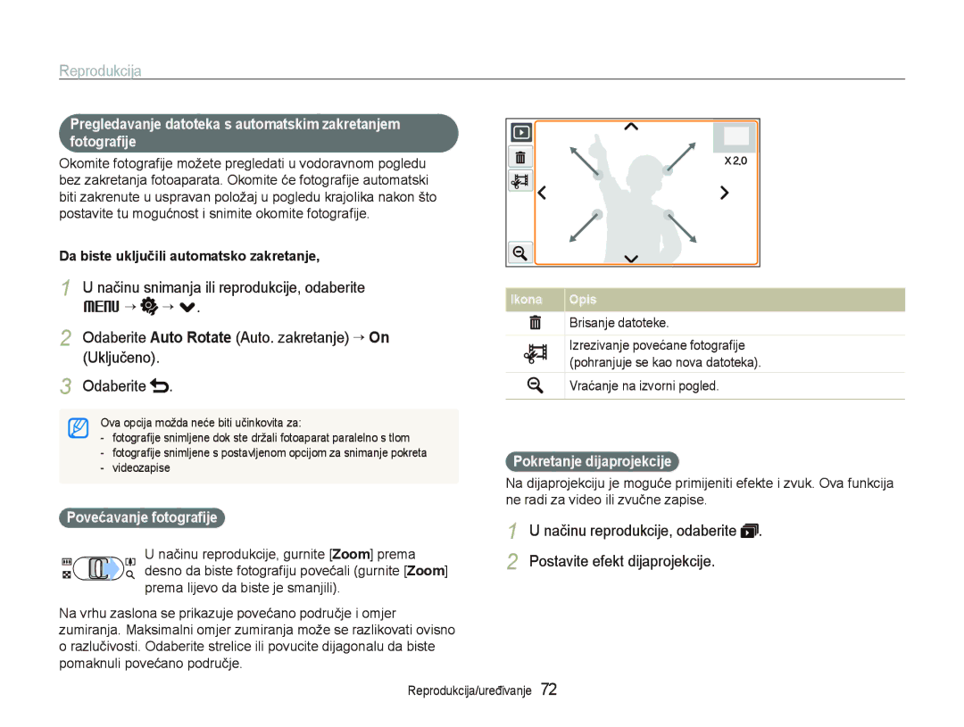 Samsung EC-ST1000BPGE3 manual Pregledavanje datoteka s automatskim zakretanjem fotograﬁje, Pokretanje dijaprojekcije 