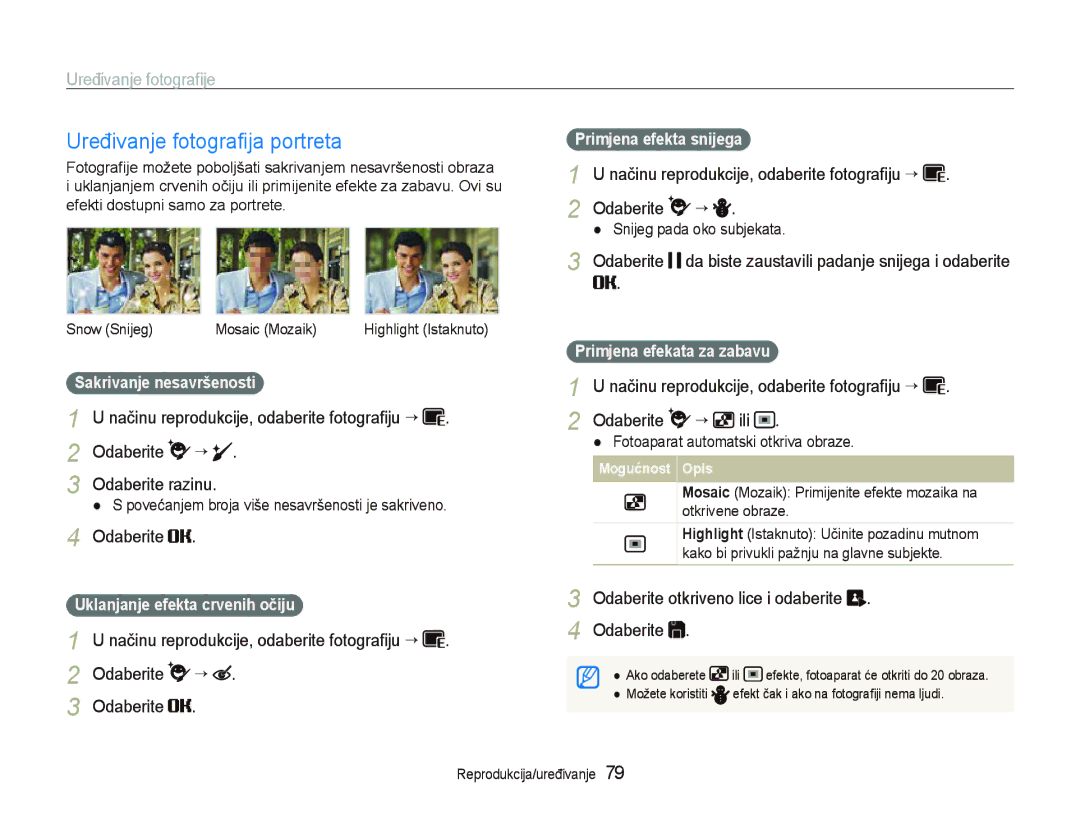 Samsung EC-ST1000BPSE3 manual Uređivanje fotograﬁja portreta, Odaberite da biste zaustavili padanje snijega i odaberite 