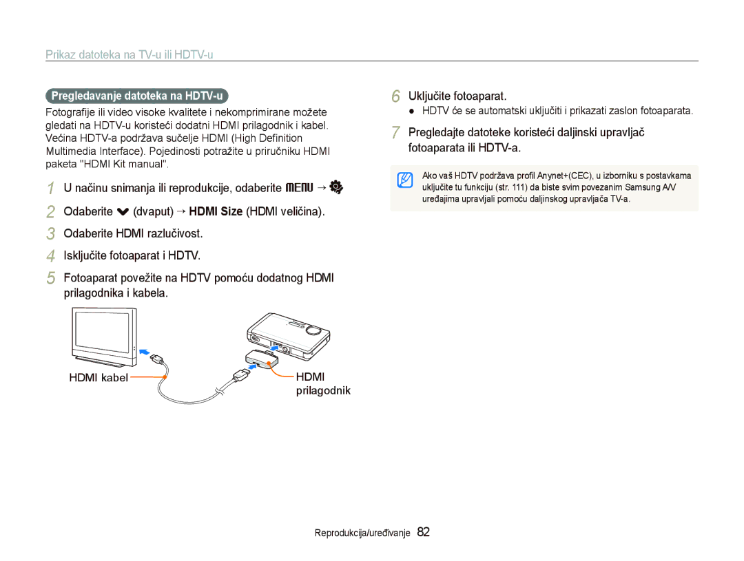 Samsung EC-ST1000BPGE3 manual Prikaz datoteka na TV-u ili HDTV-u, Pregledavanje datoteka na HDTV-u, Hdmi kabel, Prilagodnik 